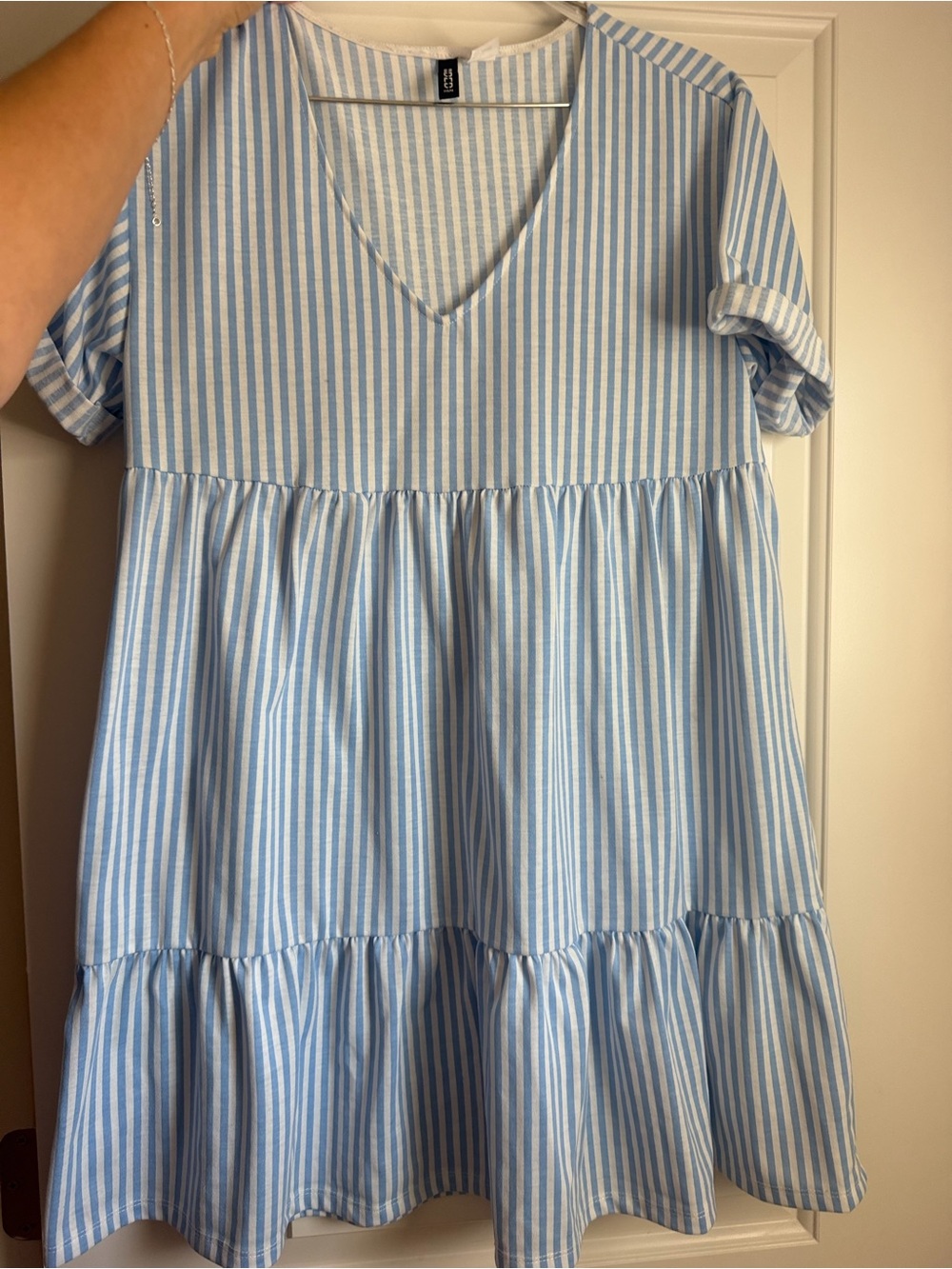 H&M Blue and White Striped V-Neck Tiered Kids Dress